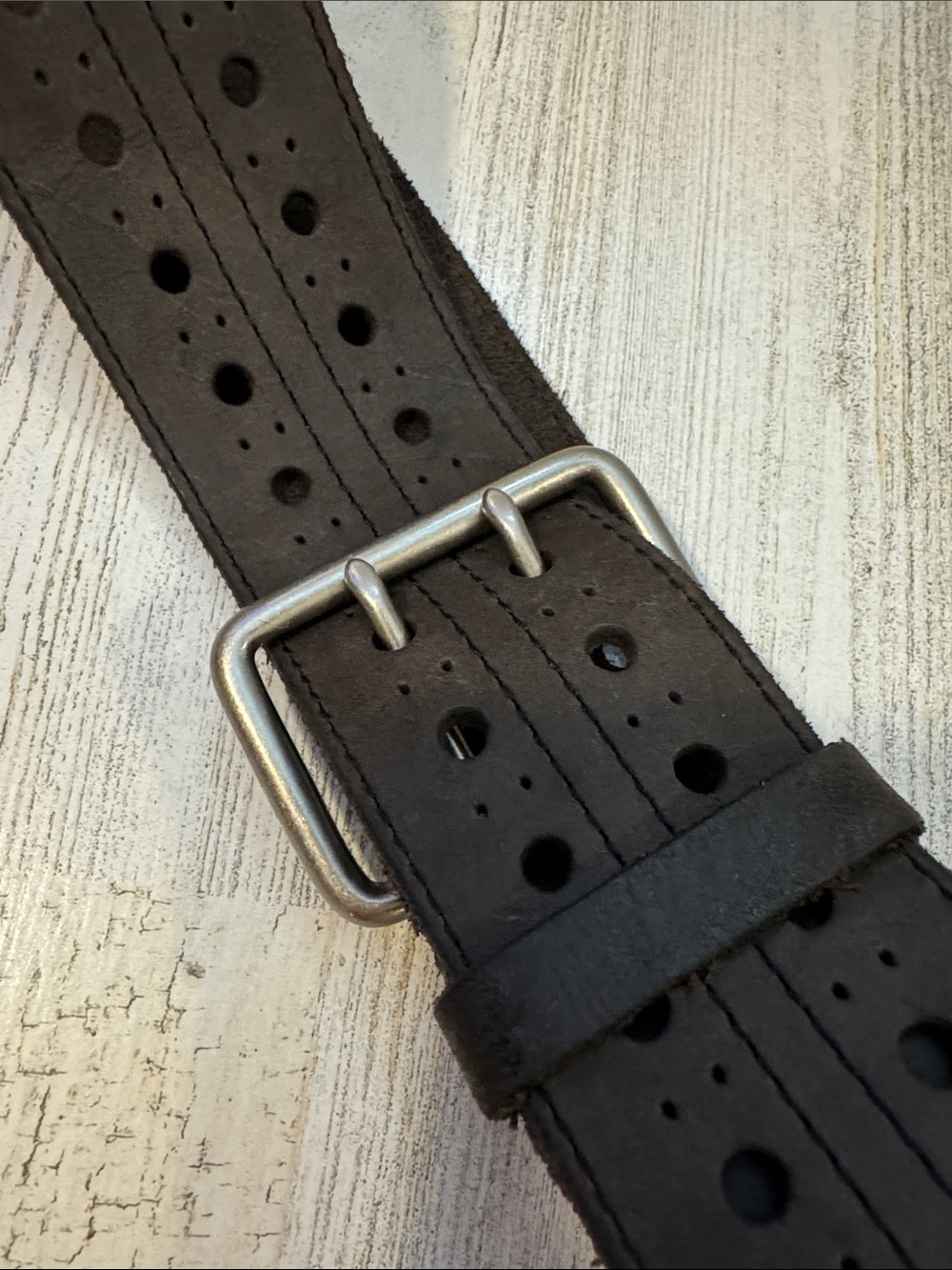 Vintage Leather Gray Two Hole Silvertone Double Prong Buckle Sizable Belt L 41”
